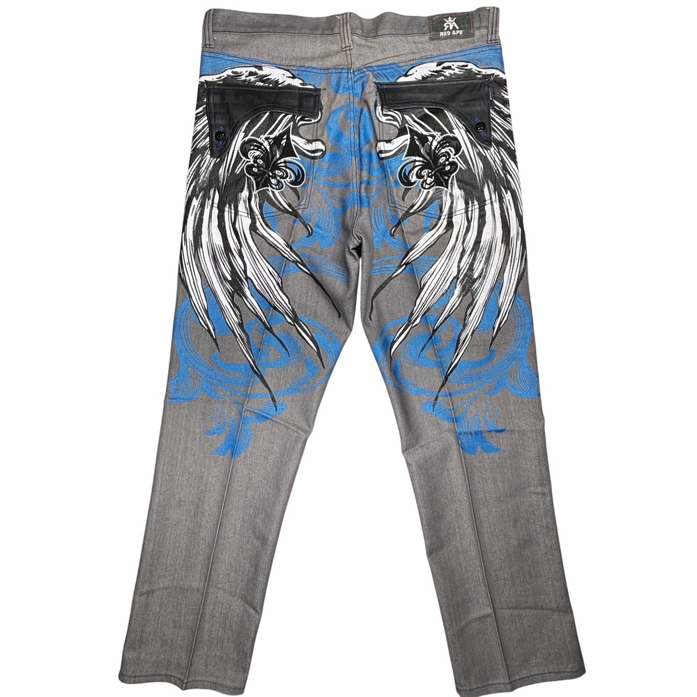 VTG Red Ape Y2K Mens 40X33 Grey WINGS Jeans Baggy Blue Faux Leather EMO RARE NEW